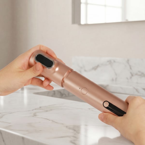 Hands attaching or removing a treatment head from the Innocera Platinum skincare device, showing the interchangeable head design.