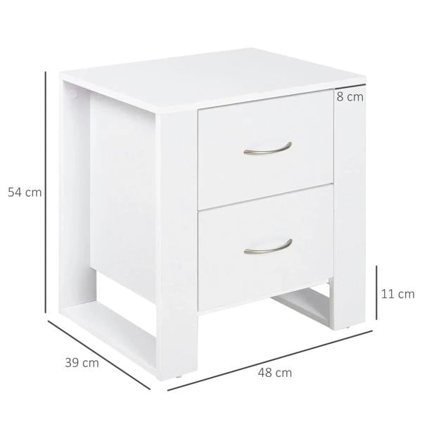 White bedside table with two drawers, curved metal handles, and raised side legs