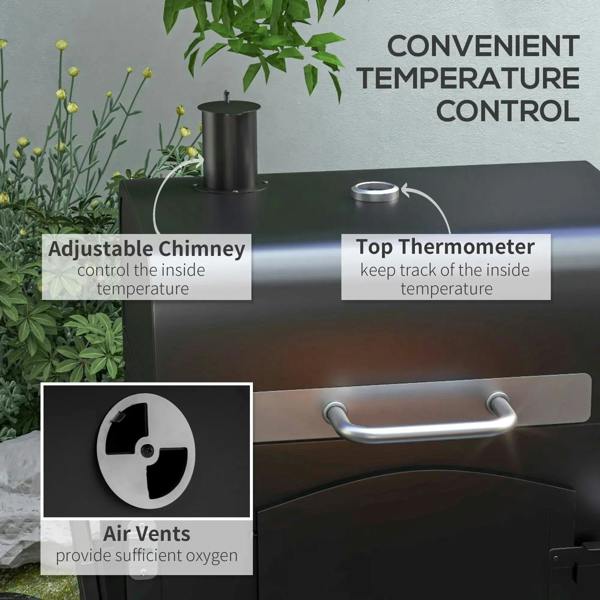 Black BBQ lid with chimney stack, top thermometer, and air vent control