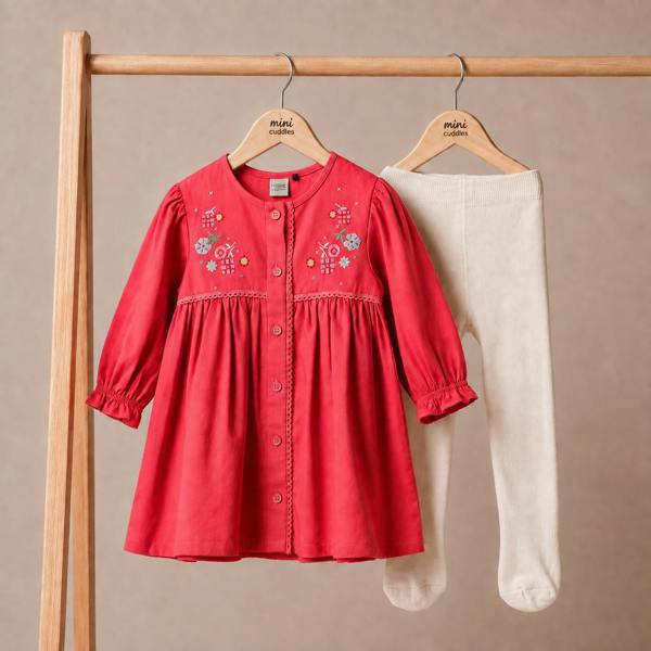 Mini Cuddles Baby Girls Floral Embroidered Dress with Stockings, Red