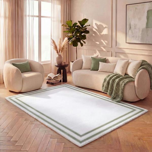 green bordered rug, anti-static, comfortable for every living areas, soft pile, easy care rug.