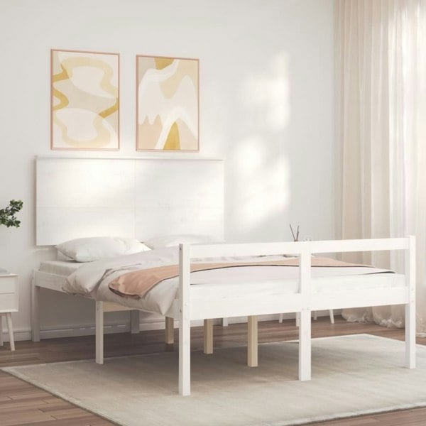 Berkfield Bed Frame with Headboard White Double Solid Wood