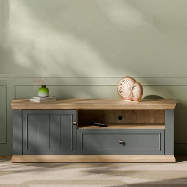 Furniture To Go Pontypool TV Unit with Drawer & Open Shelf in Grey and Mauvella Oak