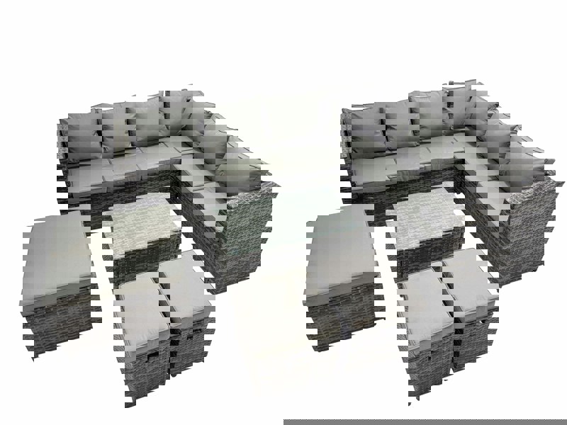 Fimous Outdoor PE Rattan Garden Furniture Sofa Set with Oblong Coffee Table Big Stool 2 Small Stools Dark Grey