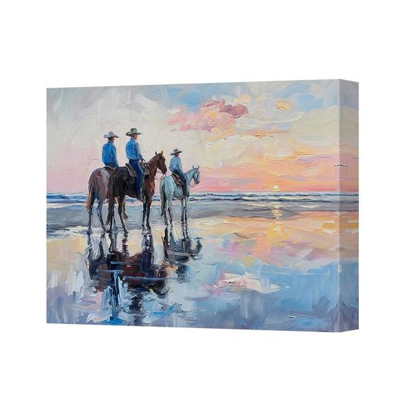 Benjamin Tate Design Sunset Beach Horseback Riders Canvas Art Print On Deep Wooden Frame