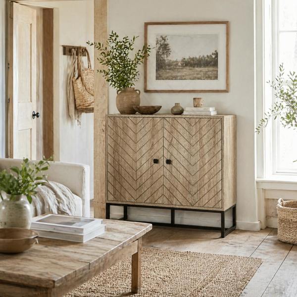 Wyld Haus Mizi Liri Natural Oak Wood 2 Tier Storage Cabinet With Chevron Pattern