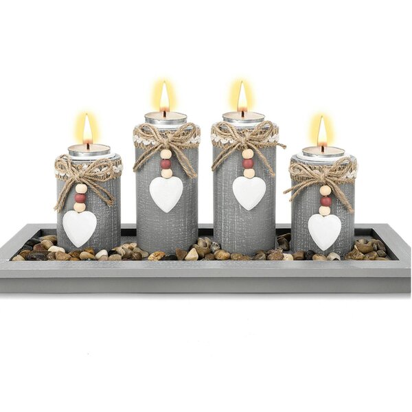 deAO Toys Wooden Tealight Candle Holder Set of 4 with Decorative Tray Multiple holder Table Centrepiece for Home Decor Valentine's Day