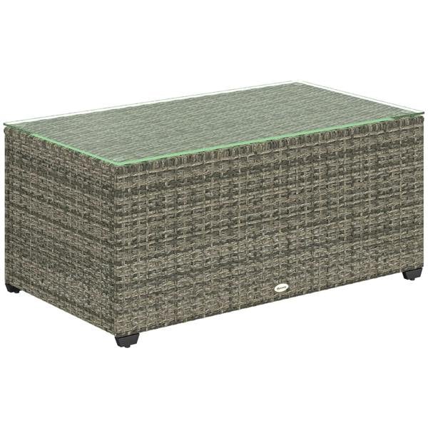 Dark grey rattan side table with clear glass top, square frame and corner legs