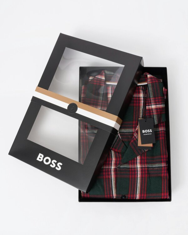 BOSS Orange Holiday Mens Long Pyjama Set with Button Shirt Top - Open Red 645