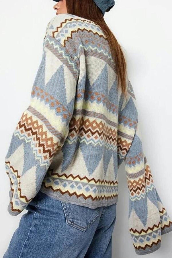WOVCOR Ethnic Patterned Crew Neck Knit Sweater
