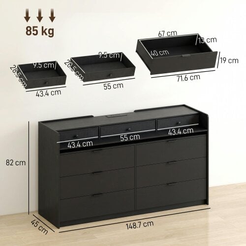 HOMCOM Chest of Drawers for Bedroom with LED Light & Charging Station, Black