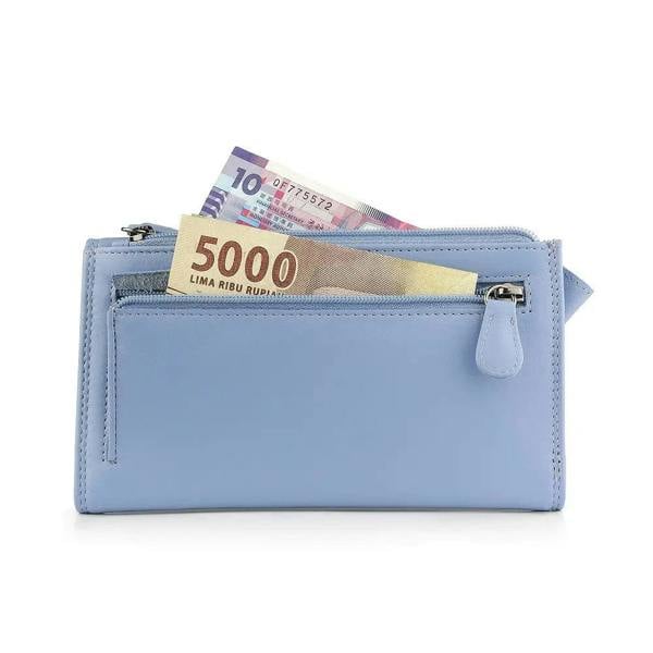 Blue wallet with money on a white background