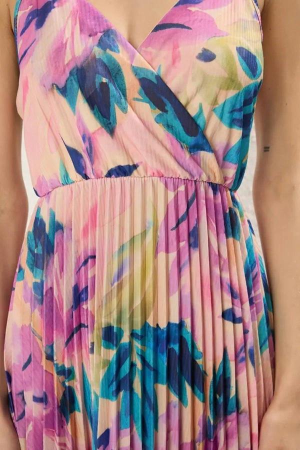 WOVCOR Printed Wrap V-Neck Adjustable Straps Pleated Midi Dress