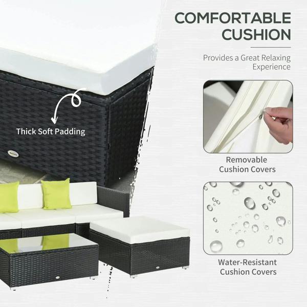 Black rattan outdoor cushion with white cover and lime green pillow; removable cover