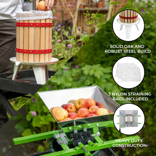 KuKoo Fruit Crusher with solid oak build, 18-litre fruit press, and three nylon straining bags, perfect for juicing apples