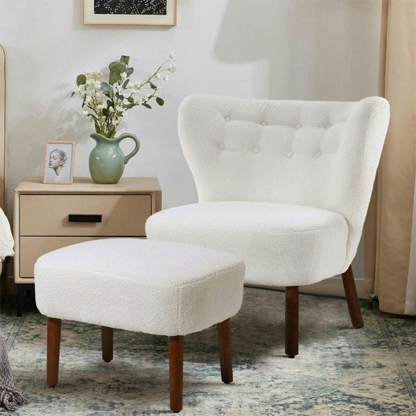 White Boucle Teddy Upholstered Accent Chair with Footstool Lounge Chairs Living and Home