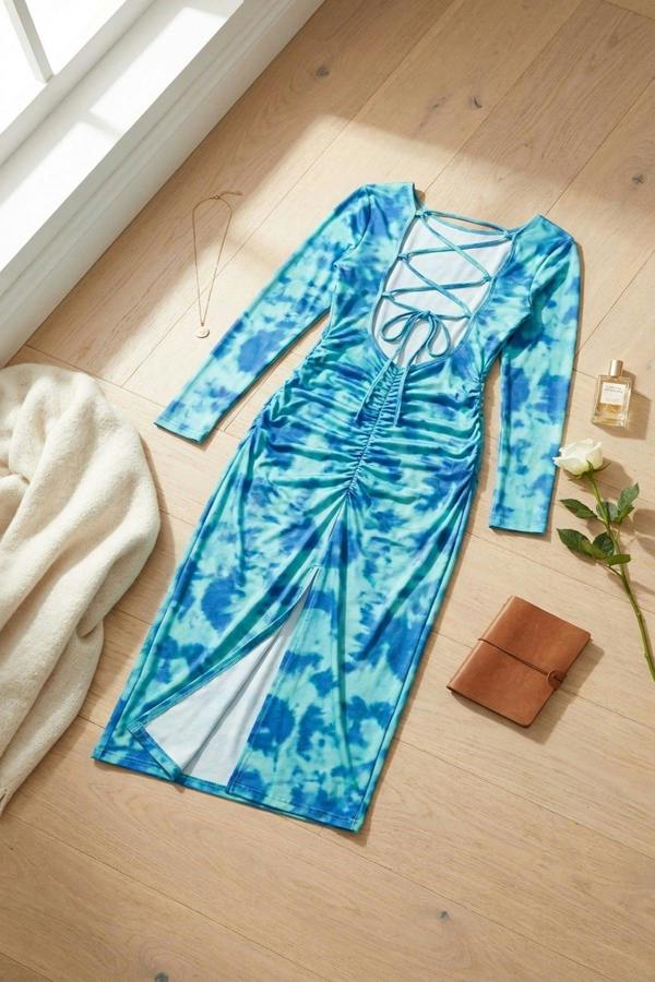 Priscilla Printed Long Sleeve Cross-tied Back Midi Dress - Green