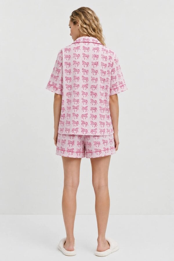 Soul Of Sita Delicate Woodblock Horse Print Short Sleeve, Short Trouser Pyjamas in soft pinks