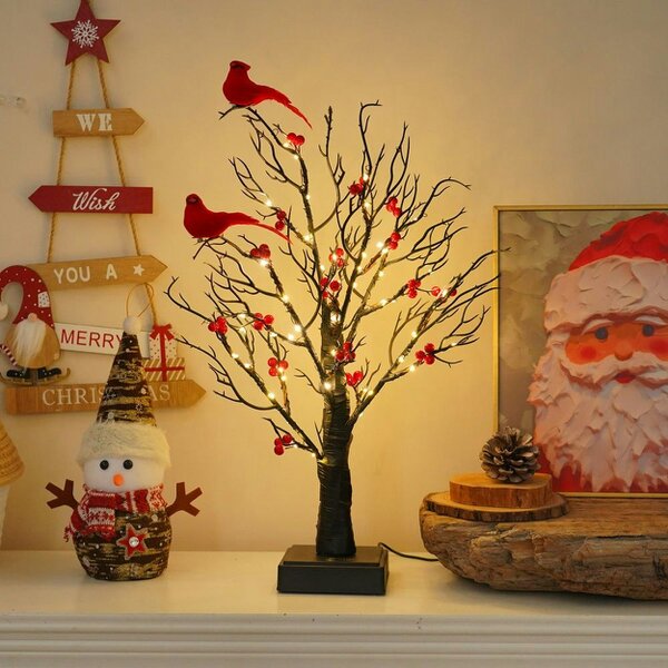 smartbies 60 LED Pre-Lit Birch Twig Tree with Birds & 10 Piece Christmas Pendant Set