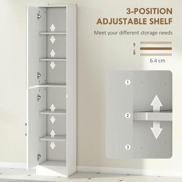White tall cabinet with 3-position adjustable shelves and open interior