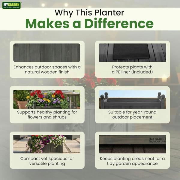My Garden Outdoor Living Wooden Rectangular Trough Planter-PE Liner-60x20x34 cm Weather Resistant Wooden Planter Box for Patios, Gardens & Decking