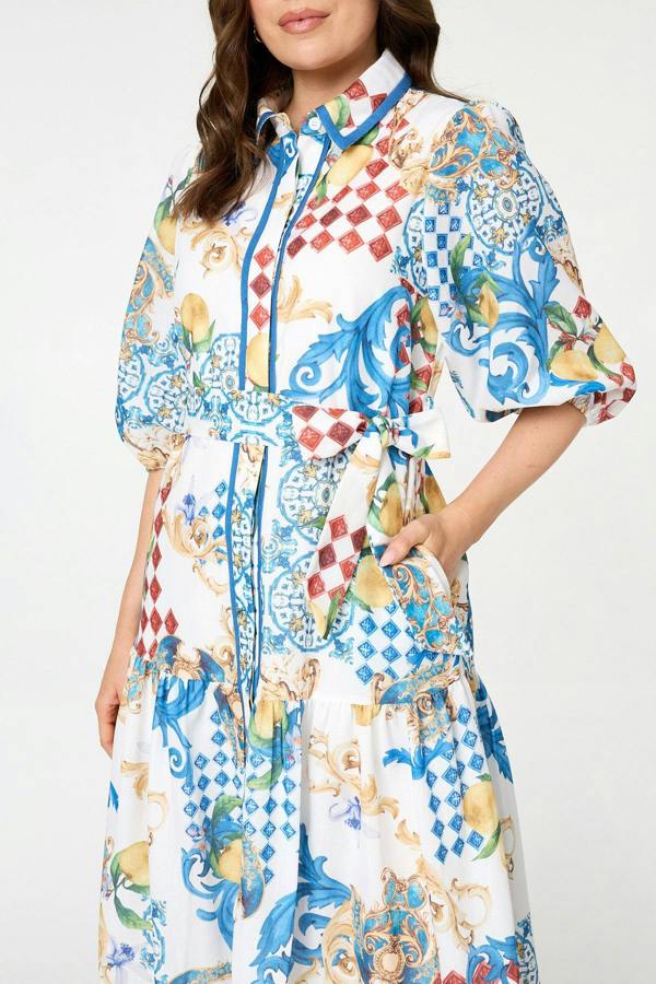 White | Printed 1/2 Puff Sleeve Shirt Midi Dress