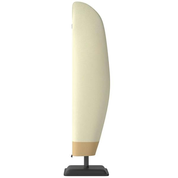 Beige cantilever umbrella cover with zipper opening, fitted shell on base stand