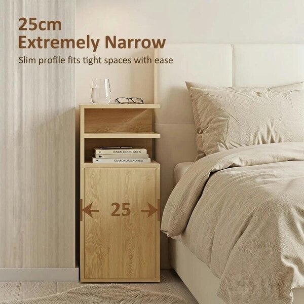 Slim Bedside Table Set of 2, Narrow Bedside Cabinet with Open Cubbies and Cupboard for Bedroom Living Room, Oak