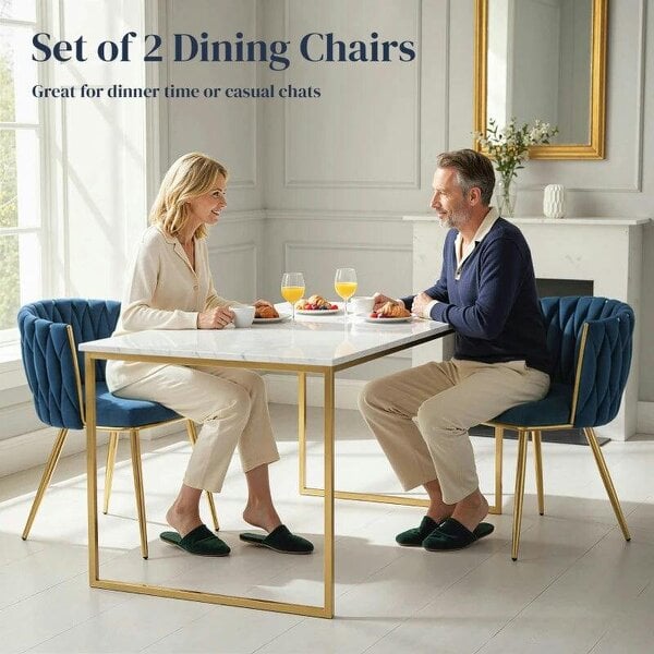 Bobobiy Velvet-Feel Dining Chairs Set of 2, Modern Upholstered Armchair with Knot Design and Golden Metal Legs, Accent Chair, Dark Blue