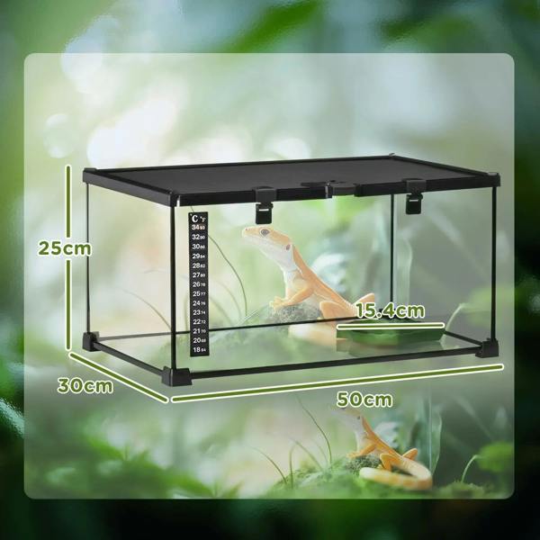 Black glass terrarium with thermometer, shown with size measurements