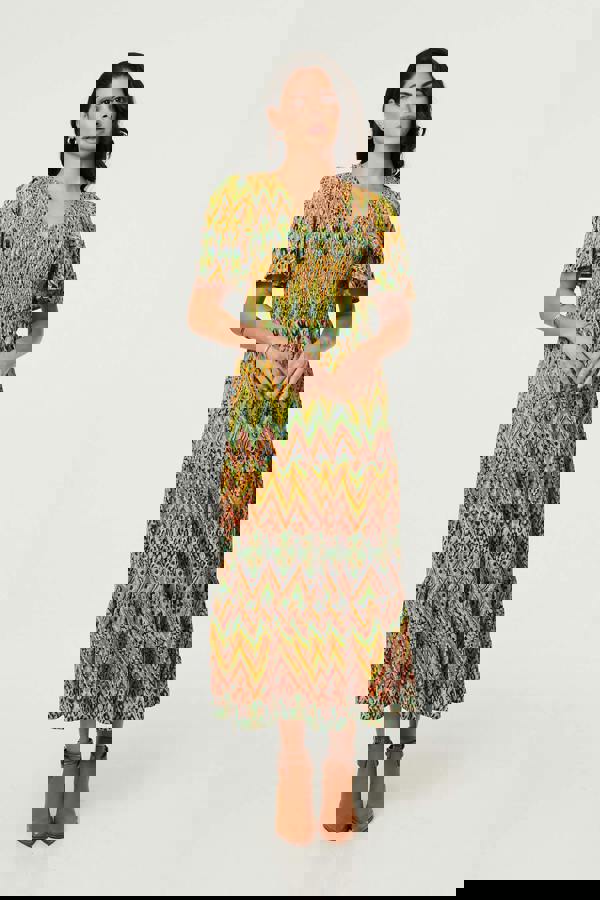 Green | Printed Angel Sleeve Tiered Midi Dress