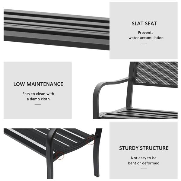 Black slatted bench seat with sturdy steel frame and curved arm supports