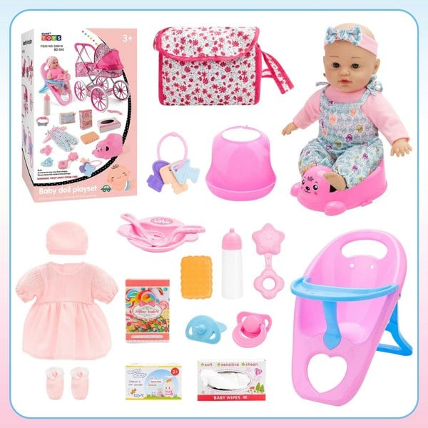 deAO Toys Deluxe Baby Doll Pram Playset – 18PCS Role-Play Set with Stroller, Feeding Chair, Accessories & Realistic Doll for Kids 3+
