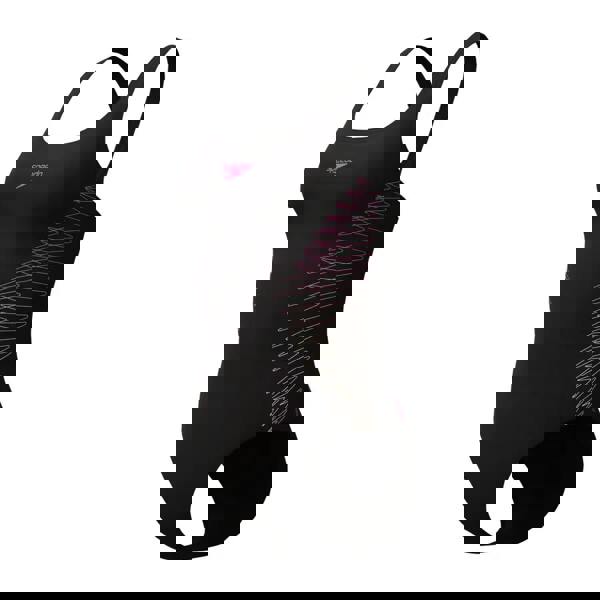 Black Speedo placement muscleback swimsuit with pink accents and geometric pattern