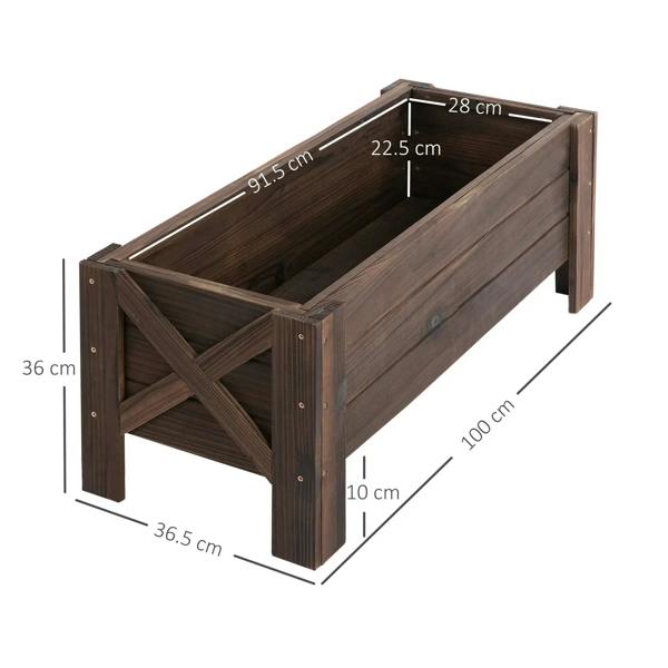 Dark brown wooden raised bed planter, 100 x 36.5 x 36 cm, open top