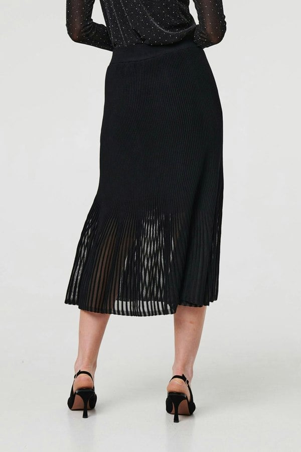 Black | Semi Sheer Pleat High Waist Midi Skirt
