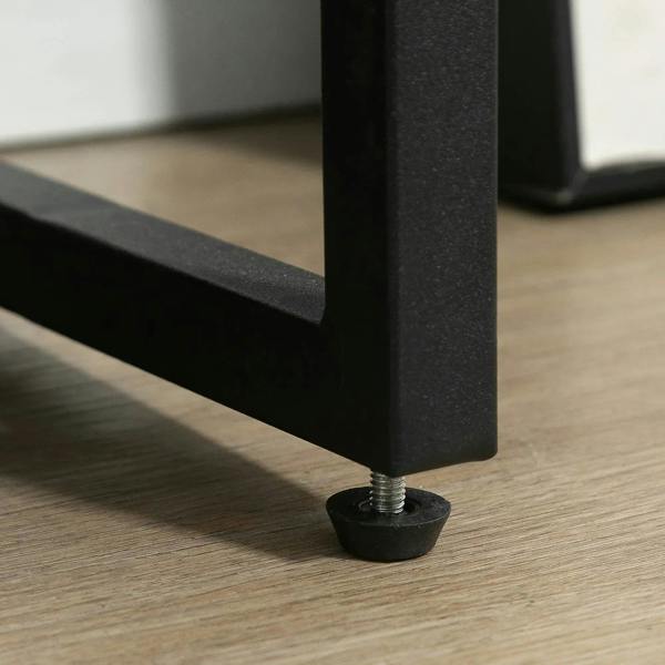 Black adjustable feet at bottom corners of rustic brown wood-effect shoe cabinet
