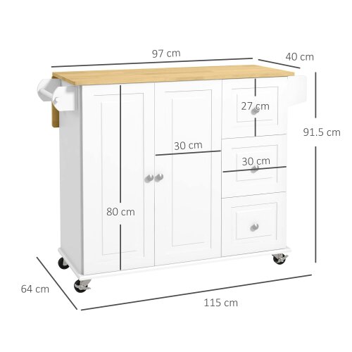 Wyld Haus Cosoco Noli Wooden White Rolling Kitchen Island With Drop Leaf Drawers Spice Rack And Towel Rail
