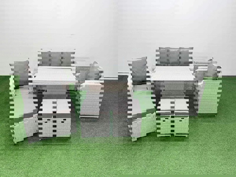 Fimous PE Rattan Garden Furniture Set Reclining Chair Sofa Lounge Sofa Set Adjustable Lifting Dining or Coffee Table Side Table 3 Stools Light Grey