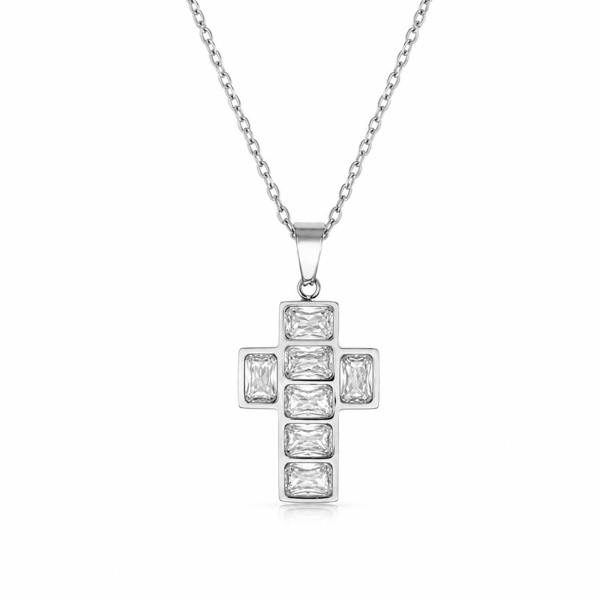 Say It With Emerald Cut Cross Necklace - Silver