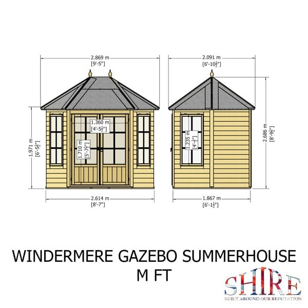 Shire Windermere Hexagonal Gazebo Summerhouse 8x7 Double doors 12mm Cladding