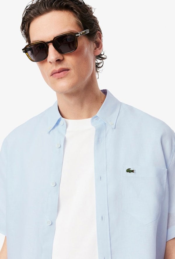 Lacoste Men's Short Sleeved Linen Shirt - Blue