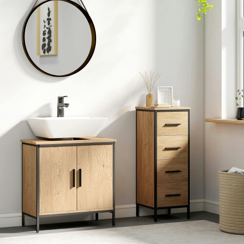 Wyld Haus Mosu Under Sink Bathroom Vanity Cabinet With Double Doors And Adjustable Shelving Oak Finish
