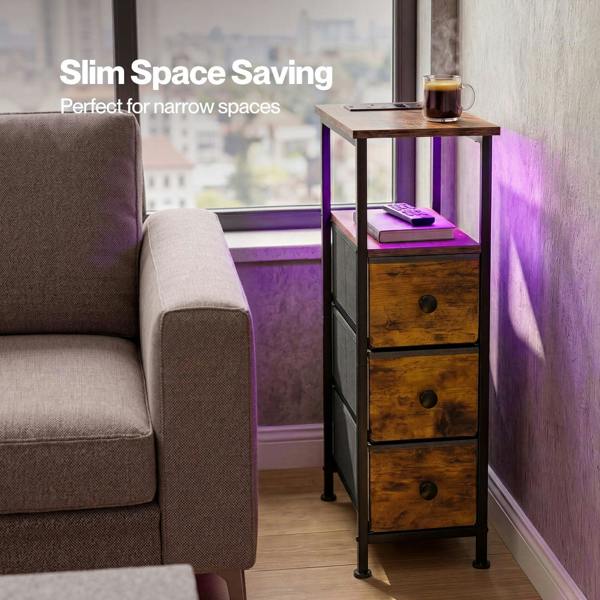 Levede Bedside Table with LED Light Charging 3 Fabric Drawers Storage Brown