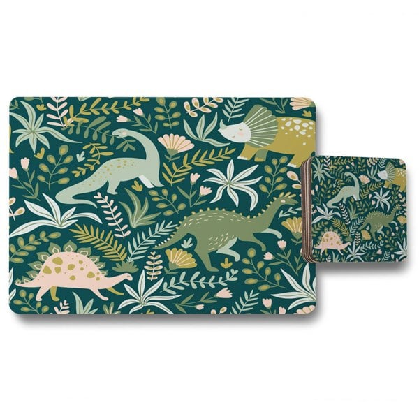 Benjamin Tate Design Hand drawn dinosaurs and tropical leaves and flowers. (Placemat & Coaster Set)