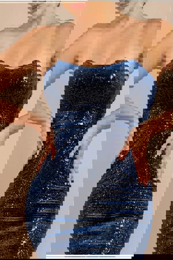 Bandeau Sequin & Velvet Midi Dress - Navy DR3718