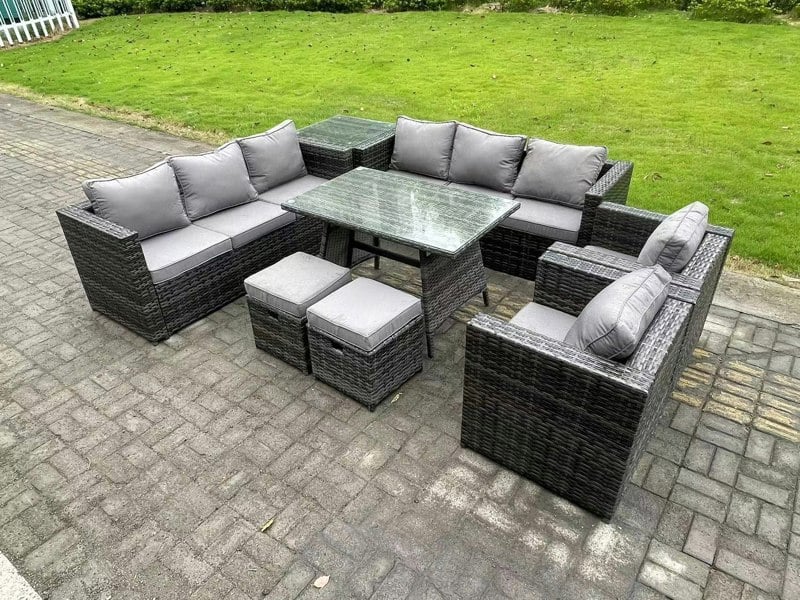 Fimous 10 Seater Wicker PE Rattan Outdoor Furniture Lounge Sofa Garden Dining Set with Dining Table Side Table Armchairs 2 Stools Dark Grey Mixed