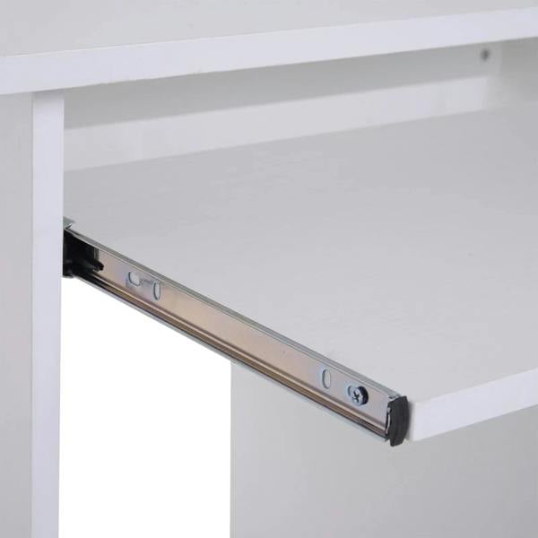 Sliding keyboard tray rail detail on white computer desk
