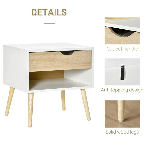 White bedside table with light wood drawer, cut-out handle, open shelf, and solid wood legs.