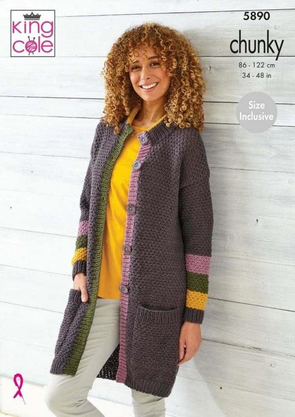 King Cole Wildwood Chunky Knitting Pattern 5890, Cardigans, Coats for Women, S - M - L - XL